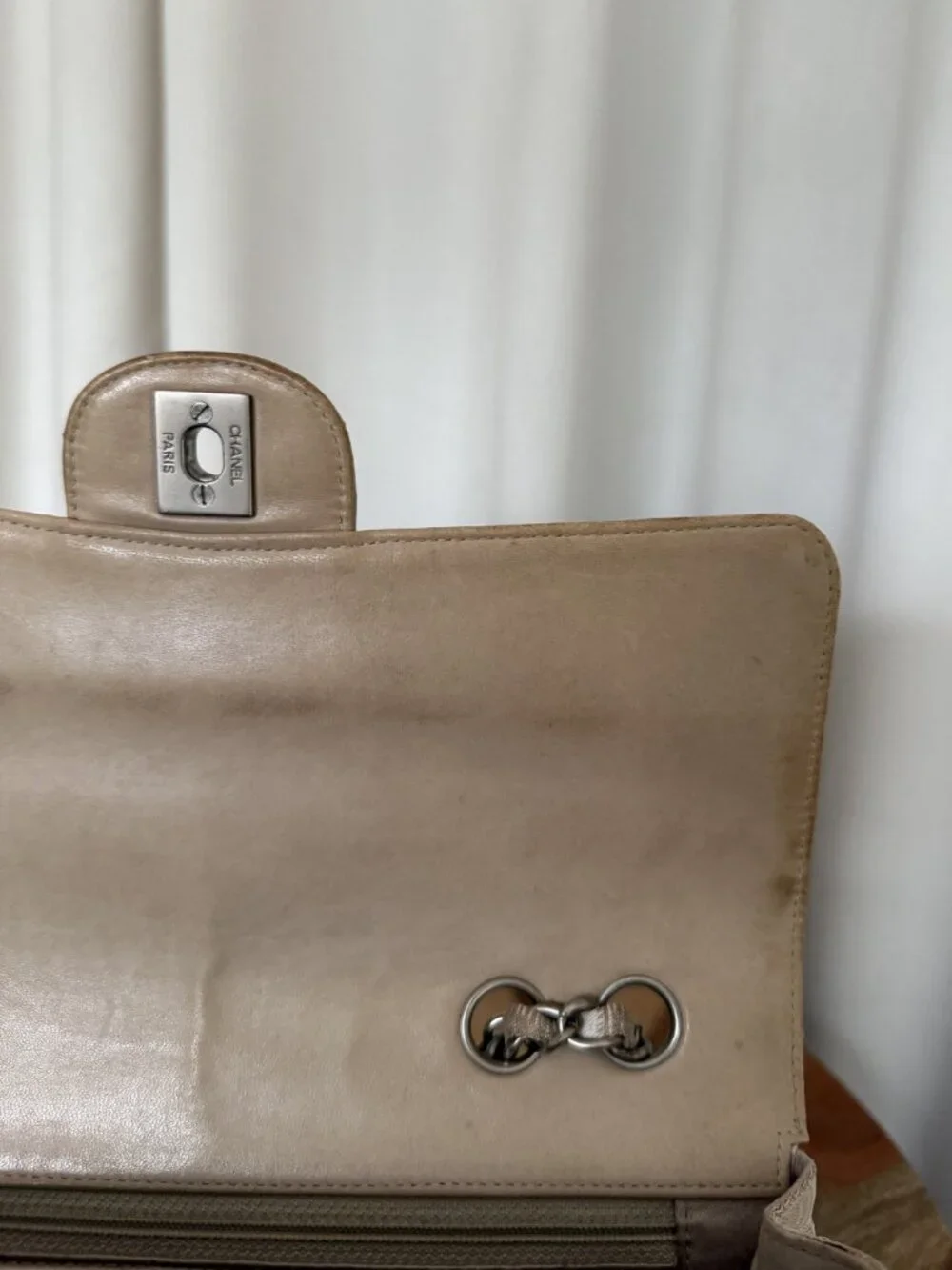 CHANEL Vintage 2003 Travel Line Flap Bag Beige White Silver Chain Medium + Box